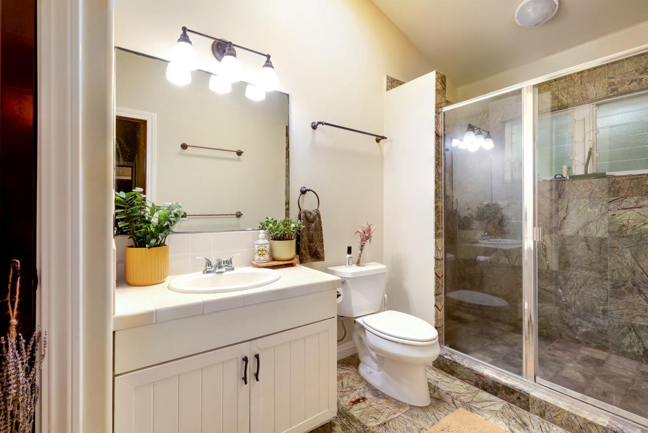 Main House bathroom with vanity and glass shower